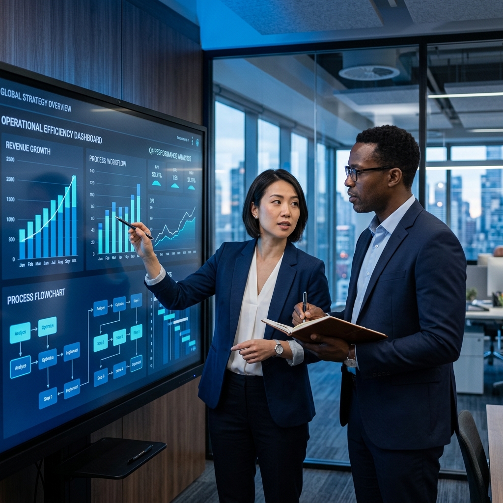 Consultores analisando dashboard de dados estratégicos